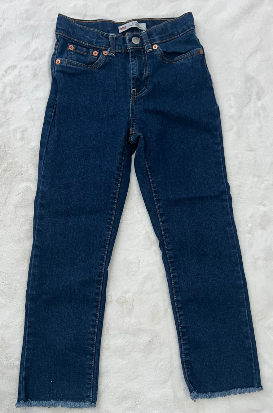 Levis Girls 8 Reg High Rise Ankle Straight Jeans Dark Wash Raw Hem Blue Denim